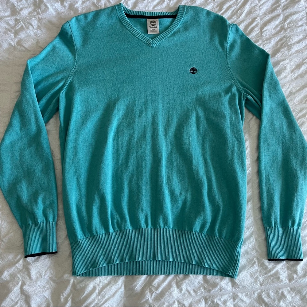 Timberland Teal Men’s Medium VNeck Long Sleeve Pullover Preppy Sweater Navy Trim